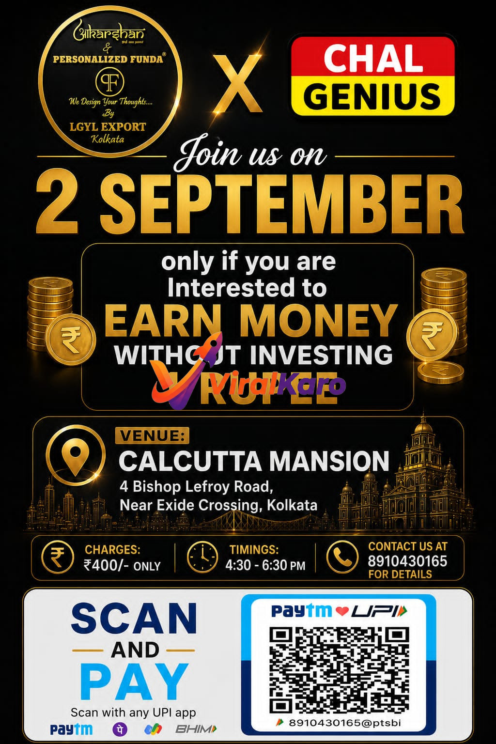 Event poster for Chal Genius by Utkarshan & Personalized Funda in Kolkata, featuring date, venue, and payment details.
