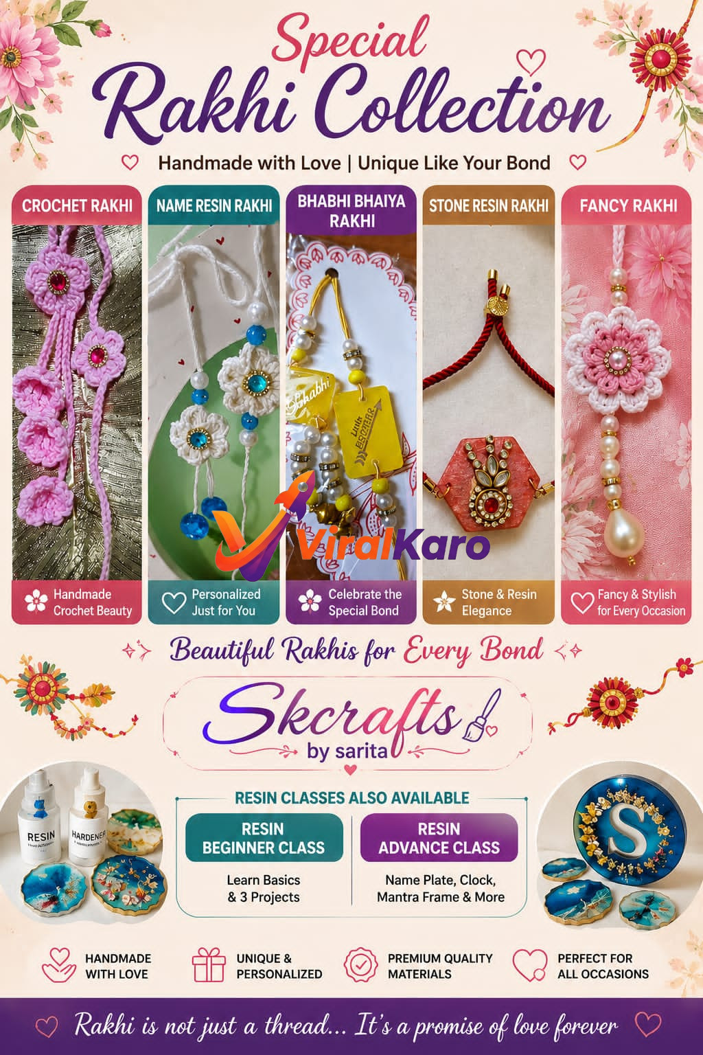 A promotional poster for Skcrafts by Sarita showcasing various handmade Rakhis including crochet, name resin, and stone resin designs, along with information about upcoming resin art classes.