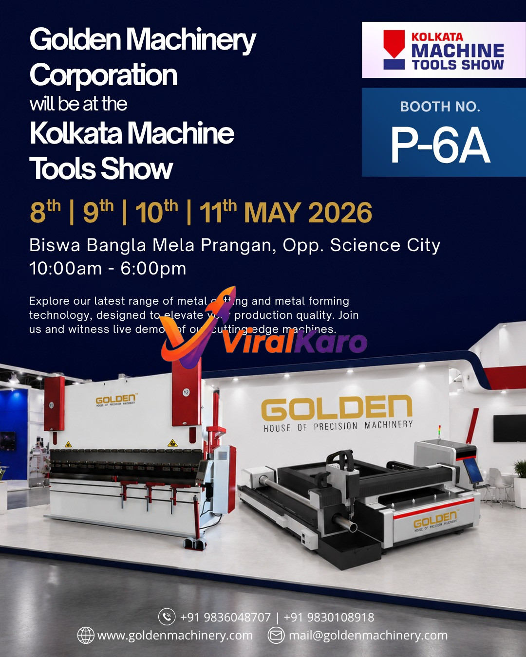 Advertisement for Golden Machinery Corporation's participation in the Kolkata Machine Tools Show 2026. The image displays the event details: May 8-11, 2026, at Biswa Bangla Mela Prangan, Booth No. P-6A, alongside images of their precision metal cutting and forming machinery on a trade show floor.