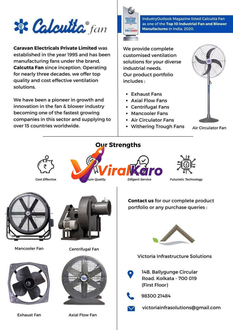 A promotional graphic for Calcutta Fan by Caravan Electricals Private Limited, showcasing various industrial fans and blowers including Man cooler, Centrifugal, Exhaust, Axial Flow, and Air Circulator Fans. It highlights their strengths: cost-effectiveness, premium quality, diligent service, and futuristic technology, along with contact details for Victoria Infrastructure Solutions in Kolkata.