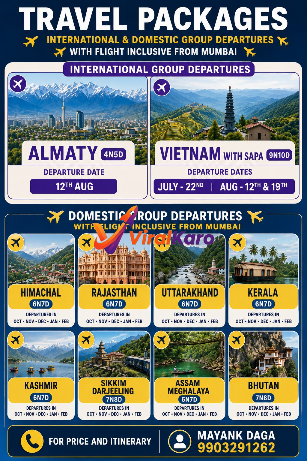 Travel brochure featuring various holiday destinations including Almaty, Vietnam, Kerala, Kashmir, and Rajasthan with flight packages from Mumbai, promoted by ViralKaro.
