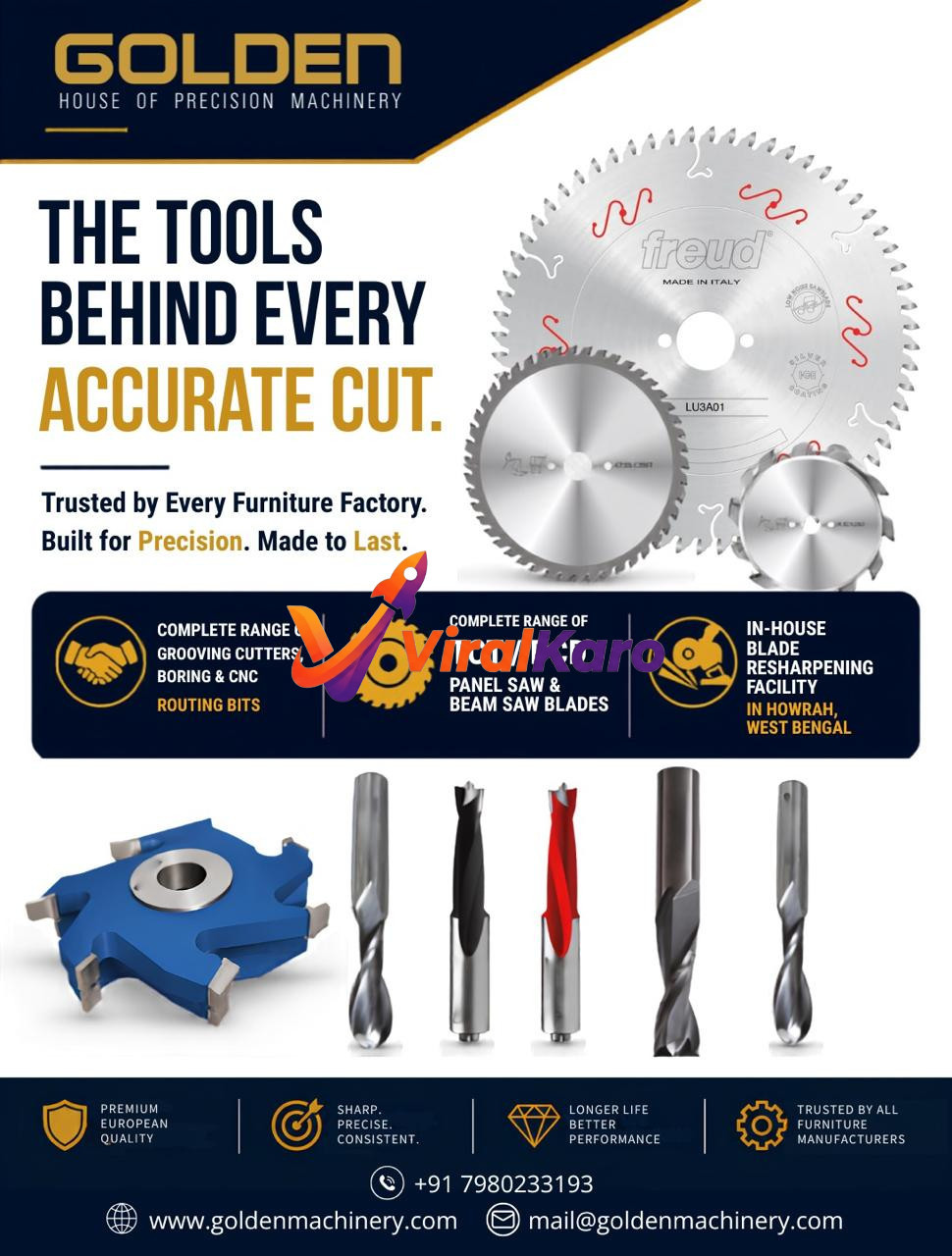 Professional industrial tools from Golden House of Precision Machinery, featuring Freud saw blades and various CNC router bits for furniture factories.