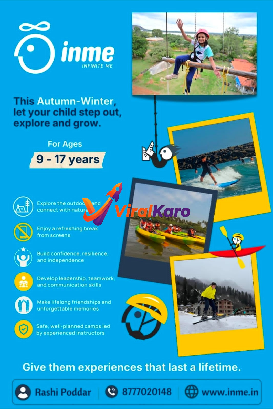 Collage of children participating in outdoor activities like rope courses, surfing, kayaking, and skiing, representing inme adventure camps.