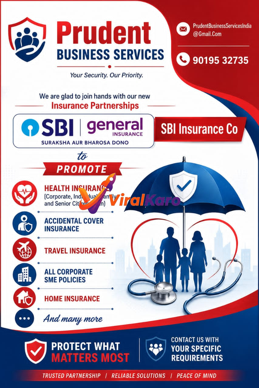 Professional advertisement flyer for Prudent Business Services featuring a partnership with SBI General Insurance, displaying various insurance icons like health, travel, and home insurance.