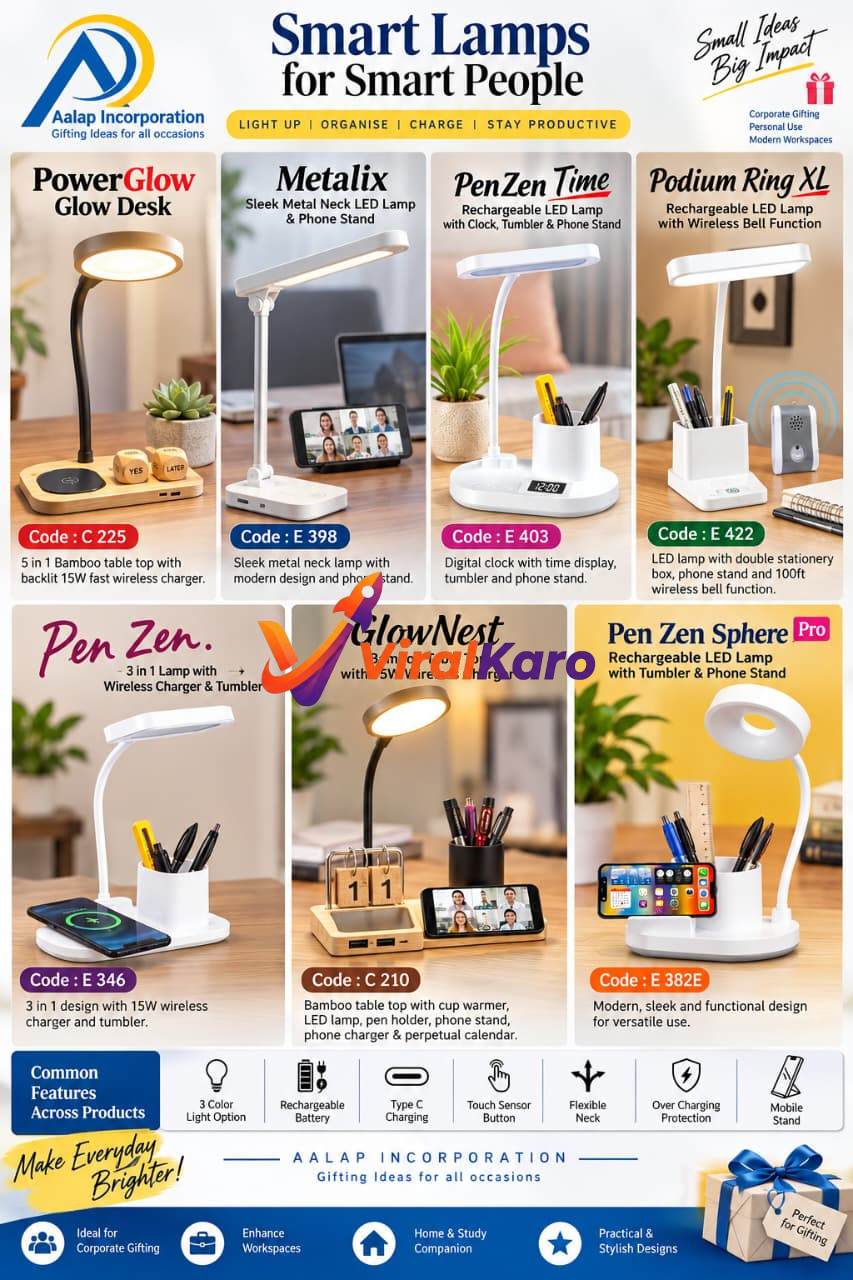 A collection of smart desk lamps by Aalap Incorporation featuring integrated wireless chargers, phone stands, pen holders, and LED lighting designs.
