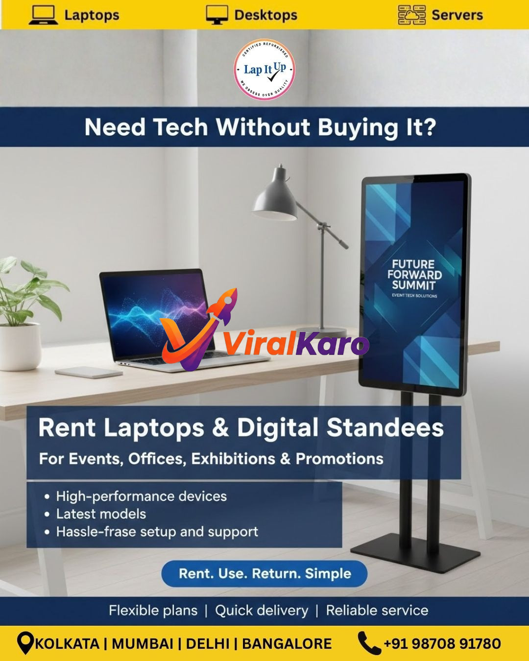 Lap It Up advertisement for laptop and digital standee rental services showing a laptop on a desk and a digital display stand for event solutions.