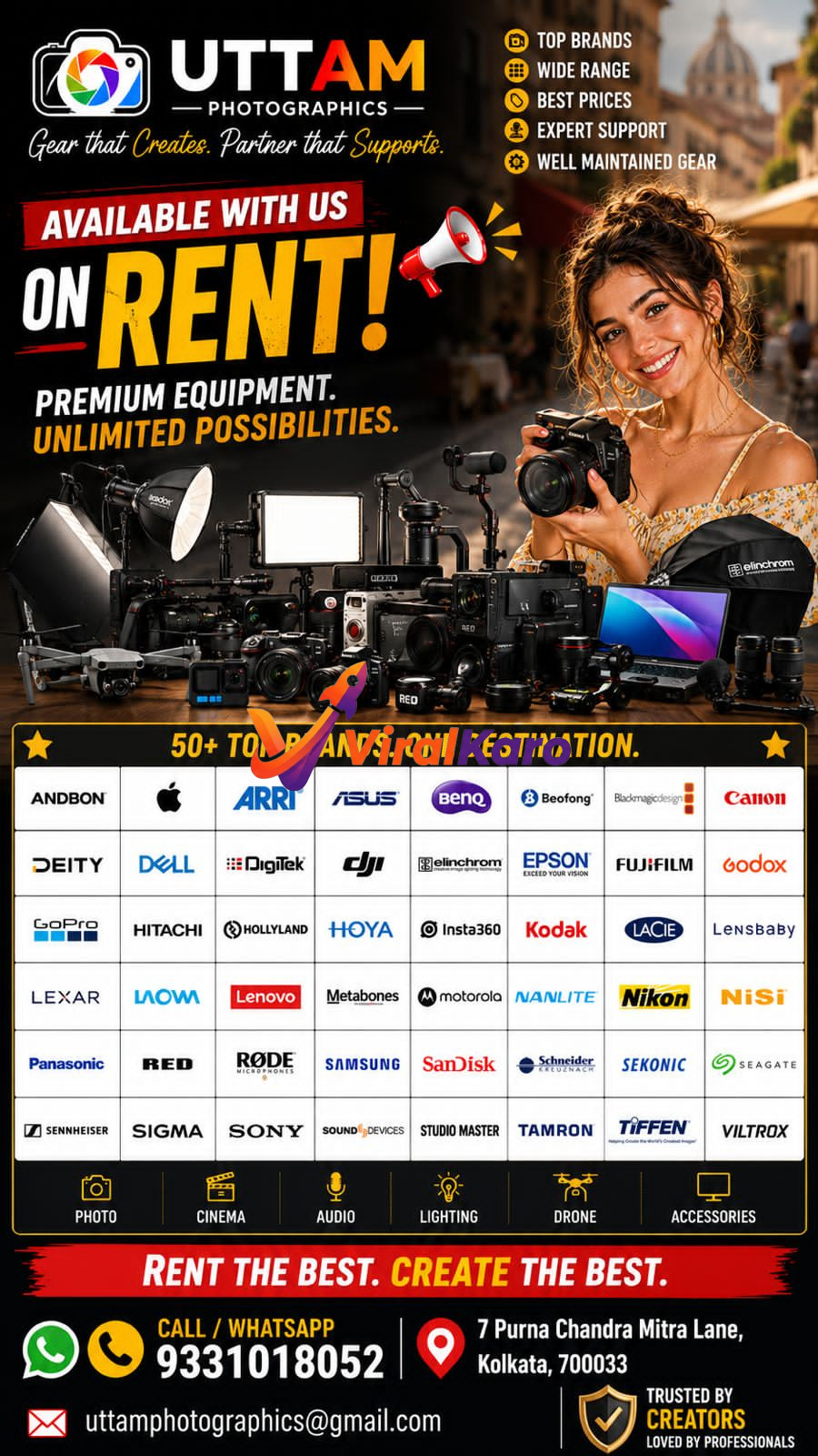 An advertisement for Uttam Photographics, showcasing a wide array of professional photography and videography equipment available for rent. The image features various cameras (including RED, Canon, Sony), lenses, drones (DJI), studio lighting gear, and audio equipment. A smiling woman holds a camera, suggesting the ease of use. Logos of over 50 top brands like Canon, Nikon, Sony, DJI, and Godox are prominently displayed. The ad emphasizes 'Premium Equipment. Unlimited Possibilities.' and provides contact details for their Kolkata rental service.
