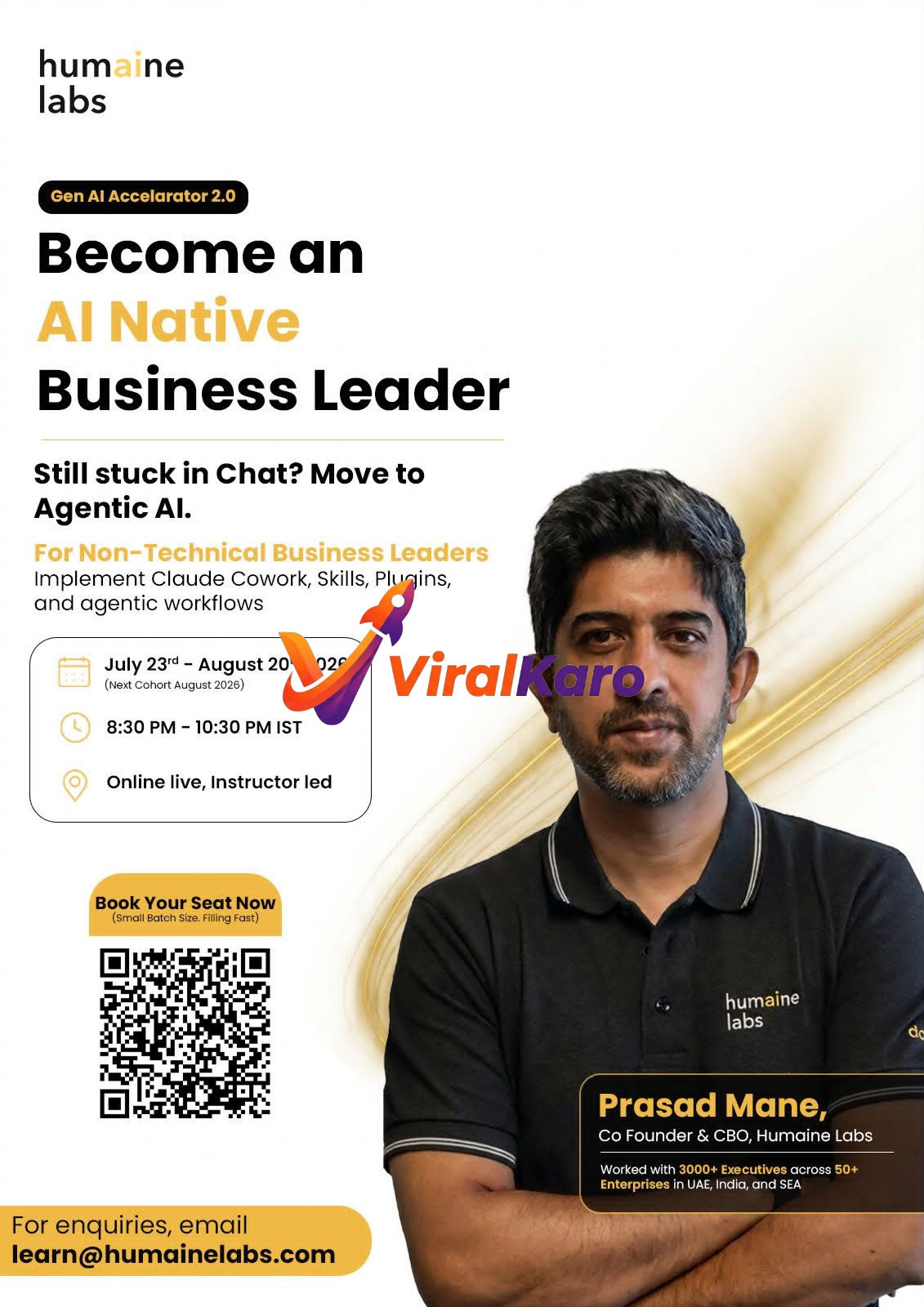 Flyer for Humaine Labs Gen AI Accelerator 2.0 featuring Prasad Mane, program dates from July 23rd to August 20th, 2026, and a QR code for registration.