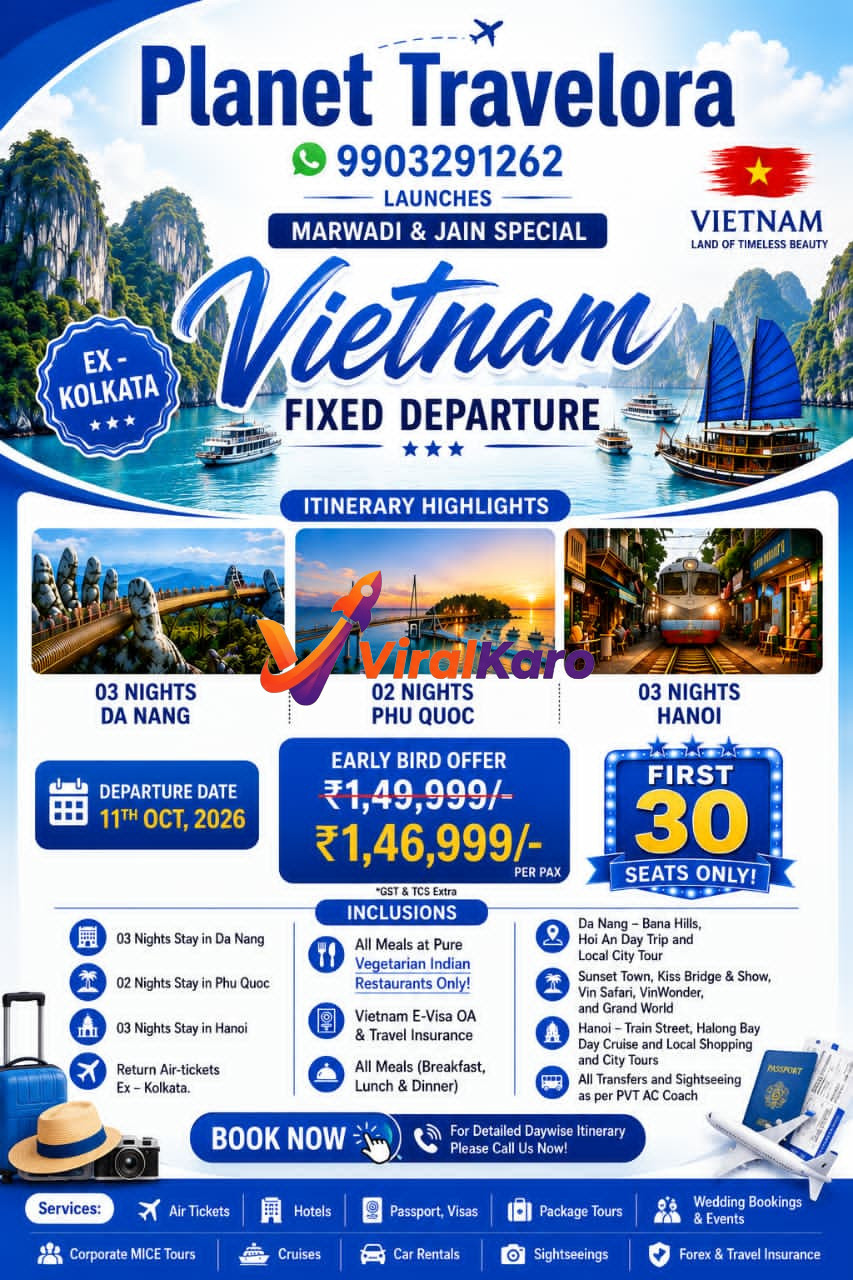 Planet Travelora Vietnam tour package advertisement showing itinerary details for Da Nang, Phu Quoc, and Hanoi with early bird pricing and contact information.