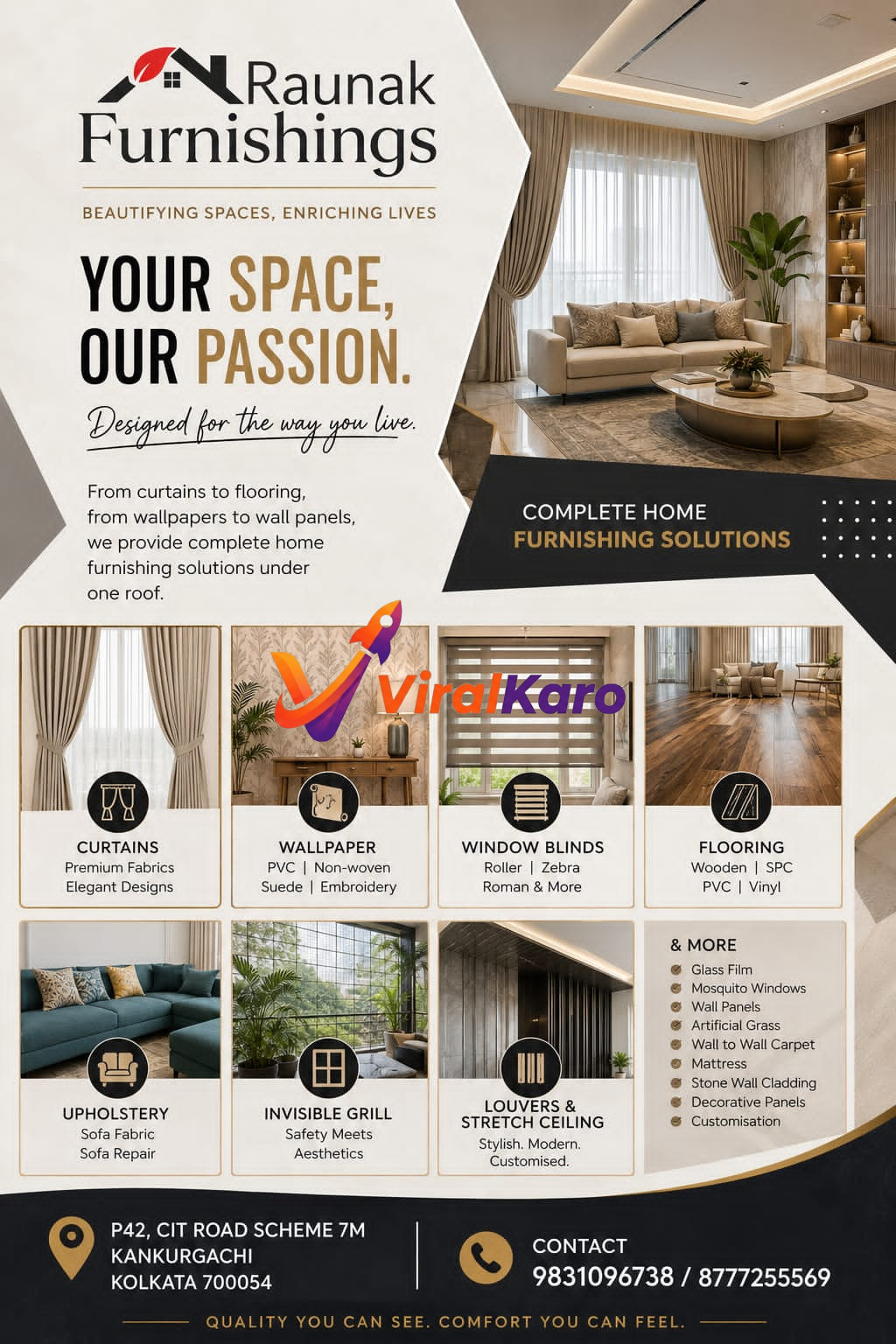 A comprehensive advertisement for Raunak Furnishings in Kolkata showing various interior design products including curtains, wallpaper, flooring, blinds, and upholstery.