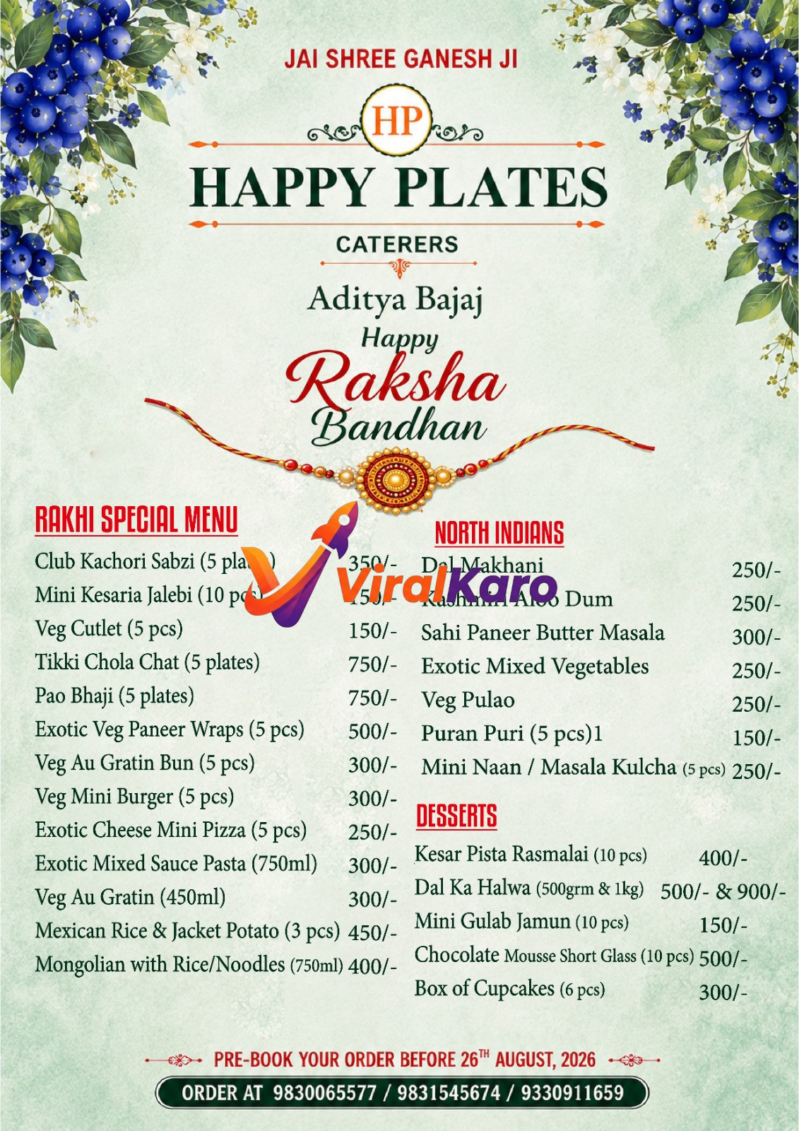 Happy Plates Caterers Rakhi Special Menu list featuring appetizers, North Indian main courses, and desserts with pre-booking details.