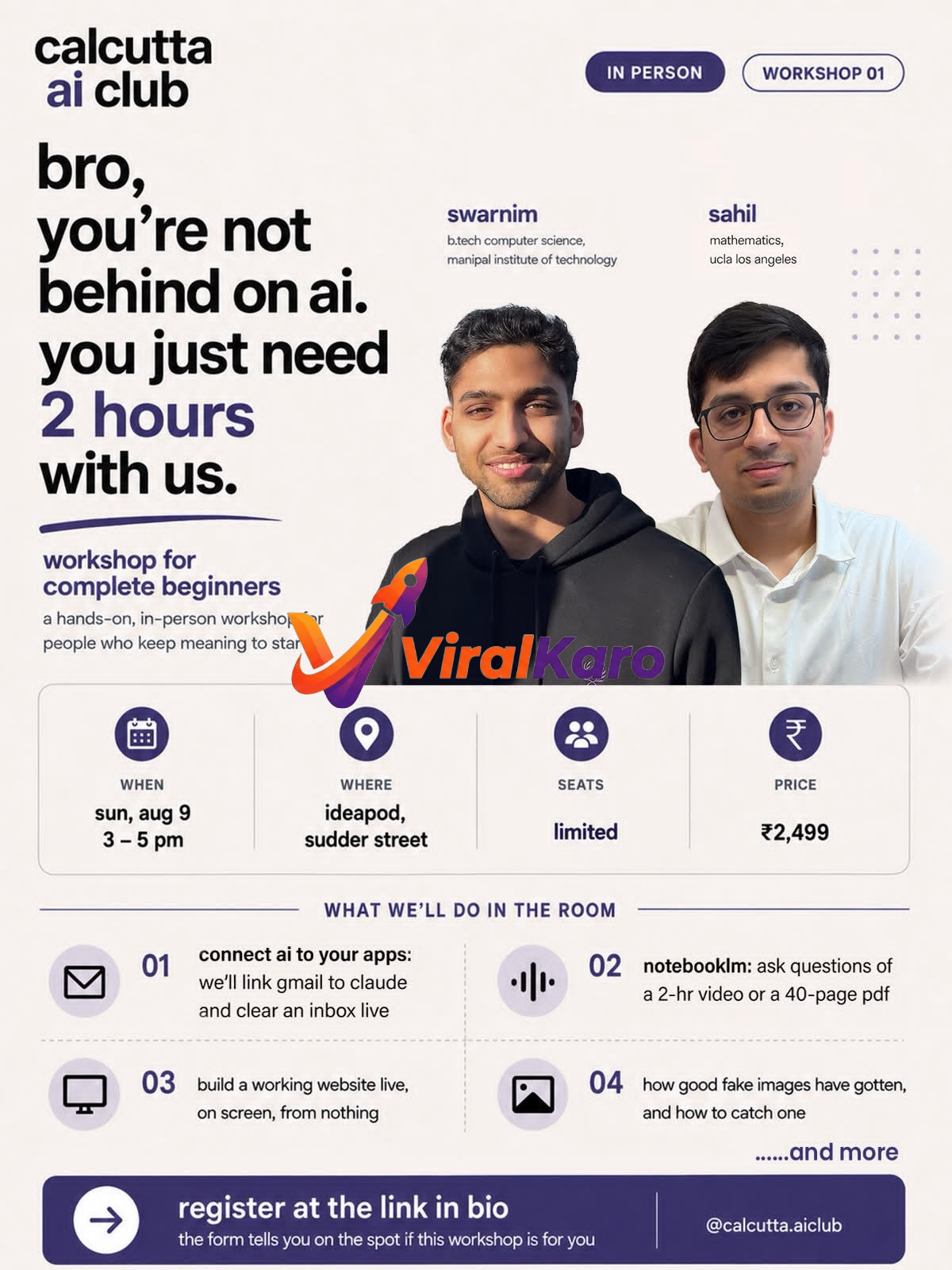 Flyer for Calcutta AI Club workshop featuring Swarnim and Sahil, detailing a 2-hour hands-on AI session for beginners in Kolkata.