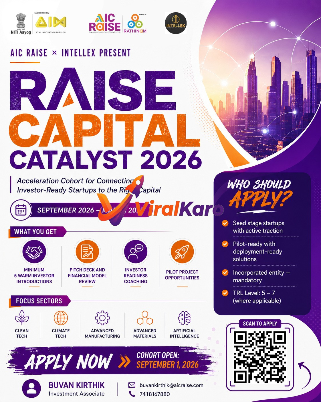 Flyer for Raise Capital Catalyst 2026 featuring program benefits for startups, focus sectors like AI and Cleantech, and a QR code for applications.