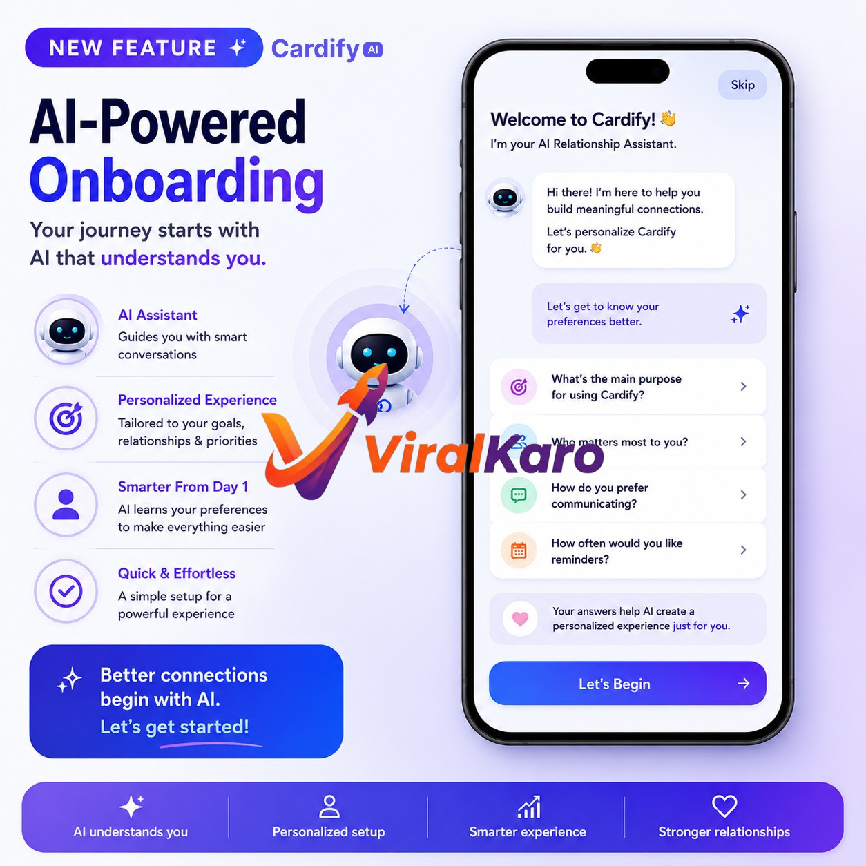 A vibrant digital image showcasing Cardify AI's new AI-Powered Onboarding feature. On the left, a bold title "AI-Powered Onboarding" with bullet points detailing benefits: AI Assistant, Personalized Experience, Smarter From Day 1, and Quick & Effortless. On the right, a smartphone displays the Cardify AI app's "Welcome to Cardify!" screen, showing an AI relationship assistant greeting users and prompting questions for personalization, with a "Let's Begin" button. Illustrations of a friendly AI robot are also present.