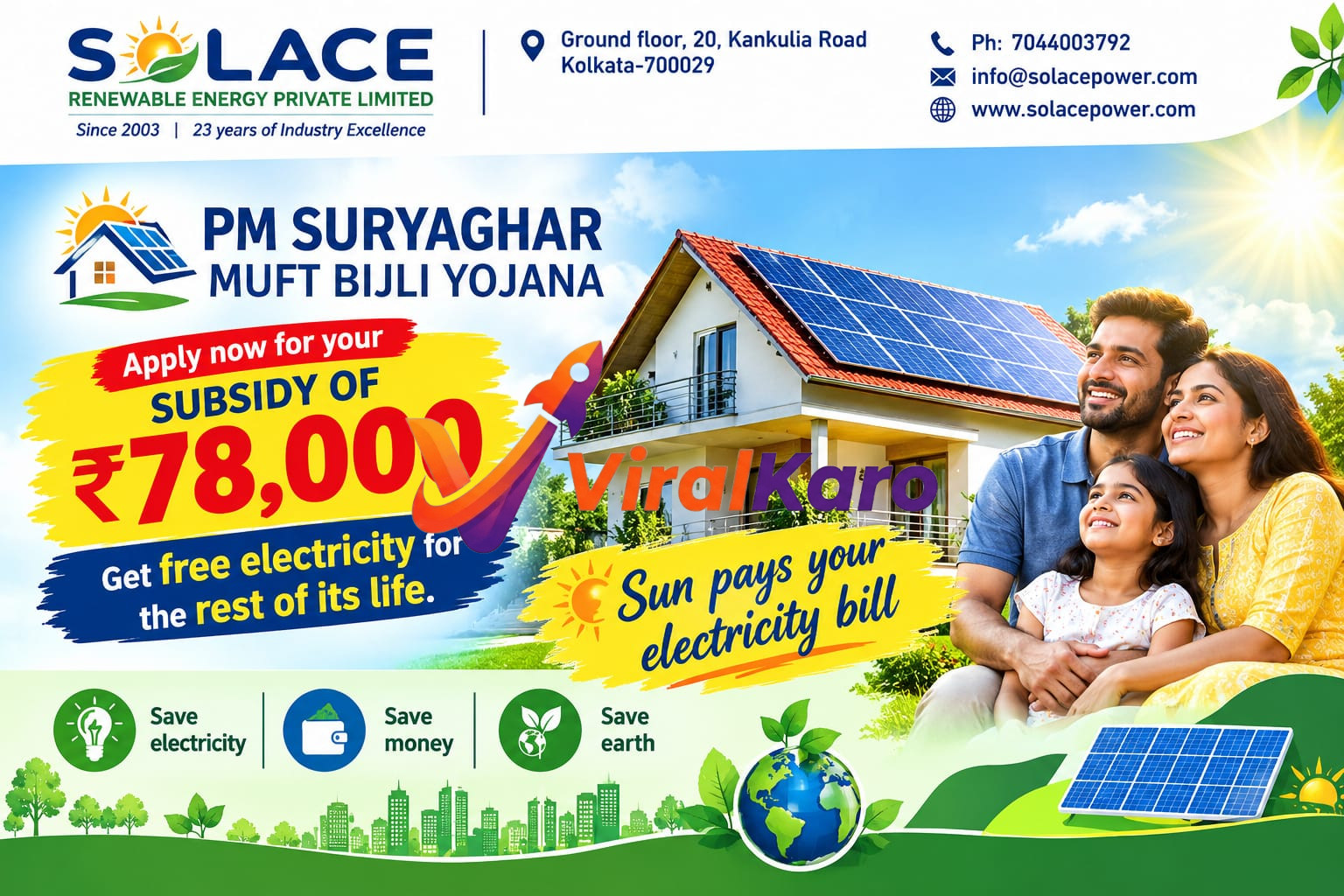 A promotional banner for Solace Renewable Energy advertising the PM Suryaghar Muft Bijli Yojana with a ₹78,000 subsidy, featuring a happy family in front of a solar-powered house.