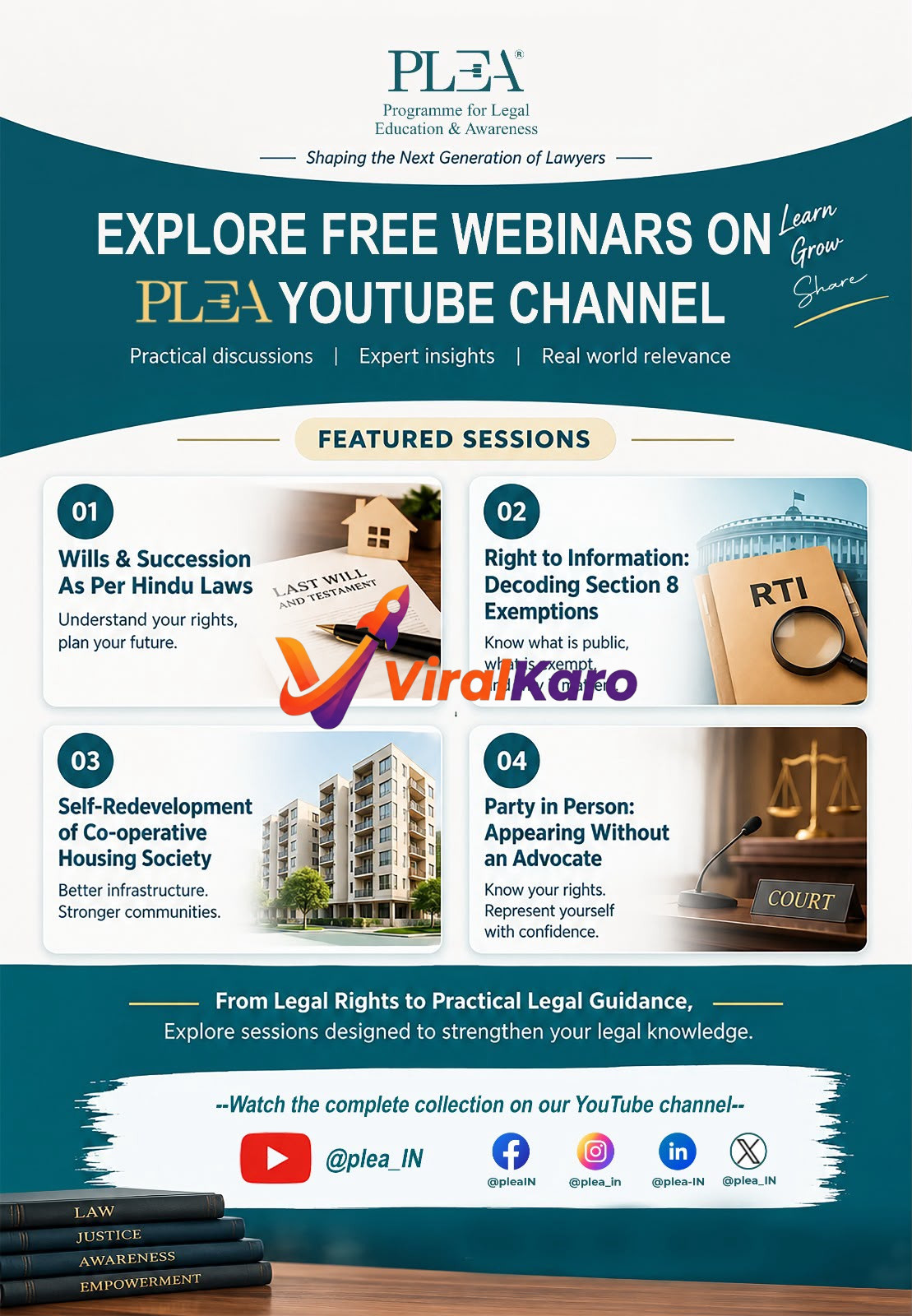 PLEA Programme for Legal Education & Awareness webinar series graphic featuring topics like Wills & Succession, RTI, and Legal Rights.