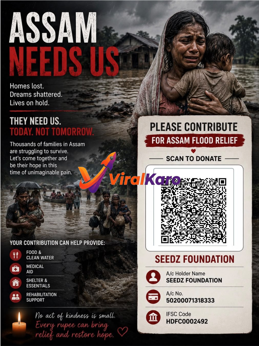 An emotional appeal poster for Assam flood relief, featuring a distressed mother and child, with a QR code and bank details for donations to the Seedz Foundation.