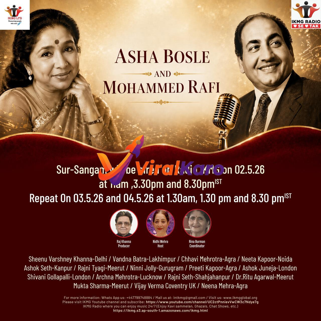 Promotional image for 'Sur-Sangam' radio show on Radio IKMG, featuring large portraits of legendary Indian singers Asha Bhosle on the left and Mohammed Rafi on the right with a vintage microphone. The background is golden with musical notes. The text announces the show 'Asha Bhosle and Mohammed Rafi Sur-Sangam' airing on 02.5.26 at 11am, 3:30pm, and 8:30pm IST, with repeats on 03.5.26 and 04.5.26. Below are smaller circular portraits of Raj Khanna (Producer), Nidhi Mehra (Host), and Rina Burman (Coordinator), followed by a list of contributors from various cities like Delhi, Agra, and London. Contact information for IKMG Radio is also visible.