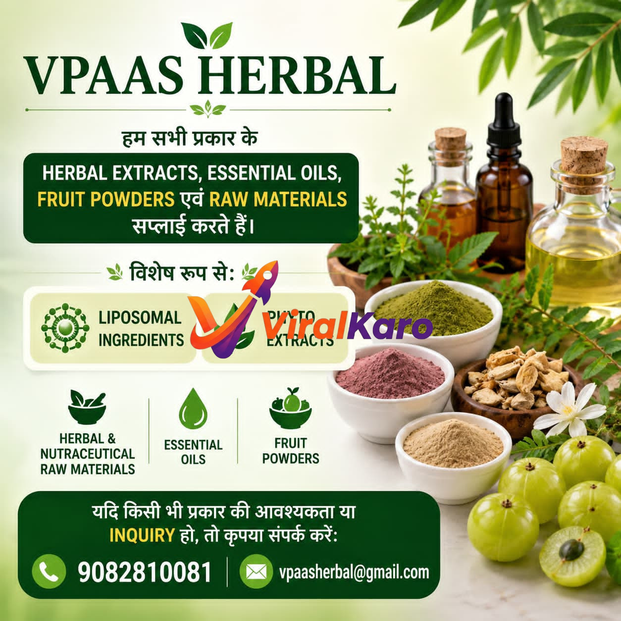 An advertisement for VPAAS HERBAL, showcasing their range of products including herbal extracts, essential oils, fruit powders, and raw materials. The image features several glass bottles filled with various oils, white bowls containing green, pink, and brown powders, fresh green amla fruits, and green leaves. Text elements highlight services such as supplying Liposomal Ingredients and Phyto Extracts, along with contact details: phone 9082810081 and email vpaasherbal@gmail.com. The brand logo with green leaves is prominently displayed.