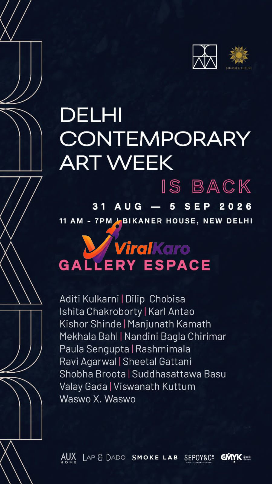 Event poster for Delhi Contemporary Art Week 2026 at Bikaner House featuring a list of participating artists and event dates.