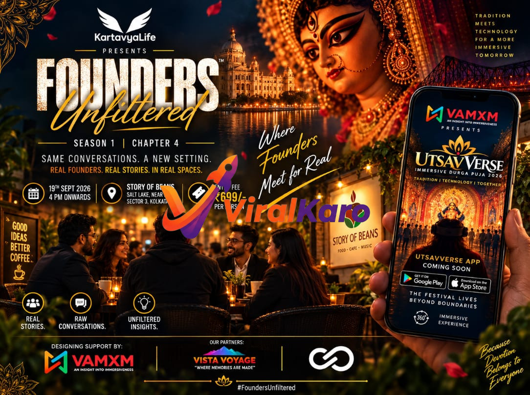 Founders Unfiltered event poster featuring Goddess Durga, a smartphone with UtsavVerse app, and event details for September 19, 2026, at Story of Beans, Kolkata.