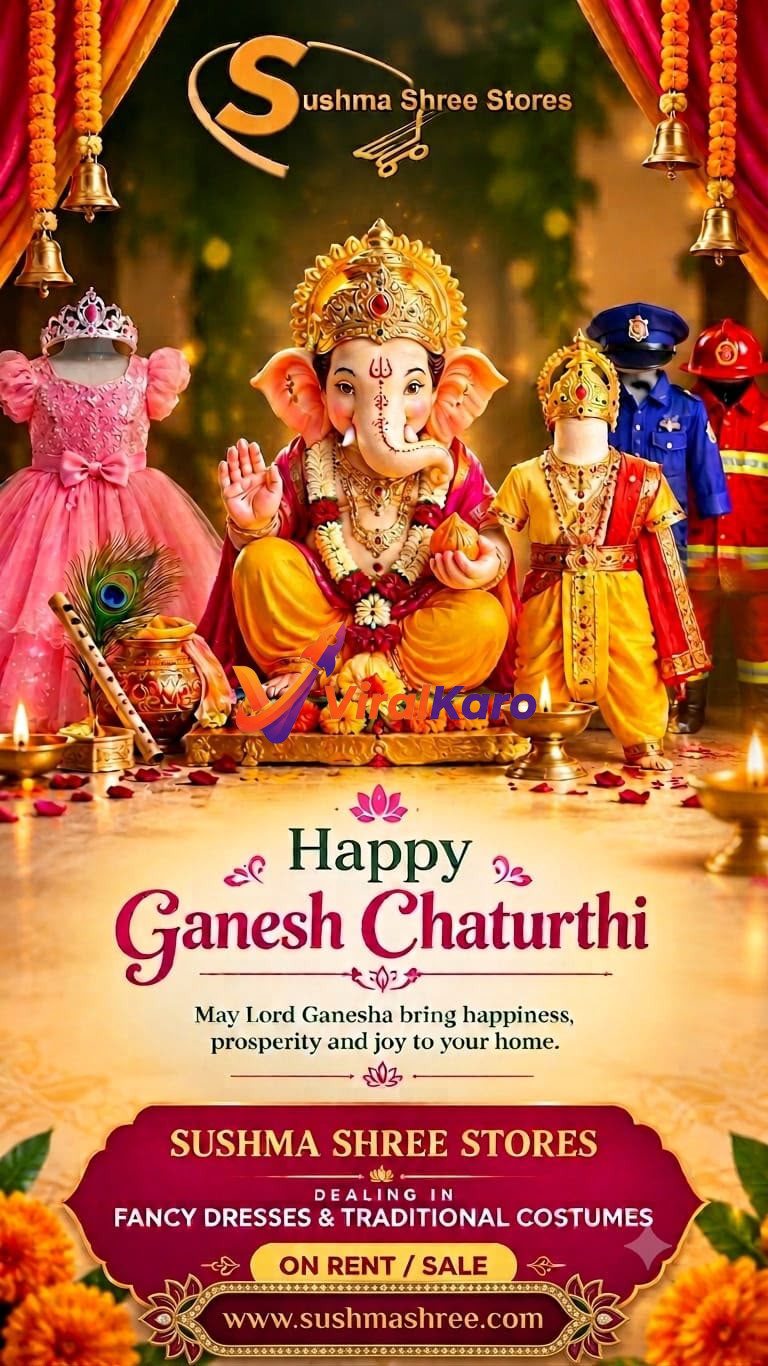 Ganesh Chaturthi festive greeting image from Sushma Shree Stores displaying Lord Ganesha idol alongside various kids' fancy dress costumes like a pink gown, traditional attire, and a police uniform.