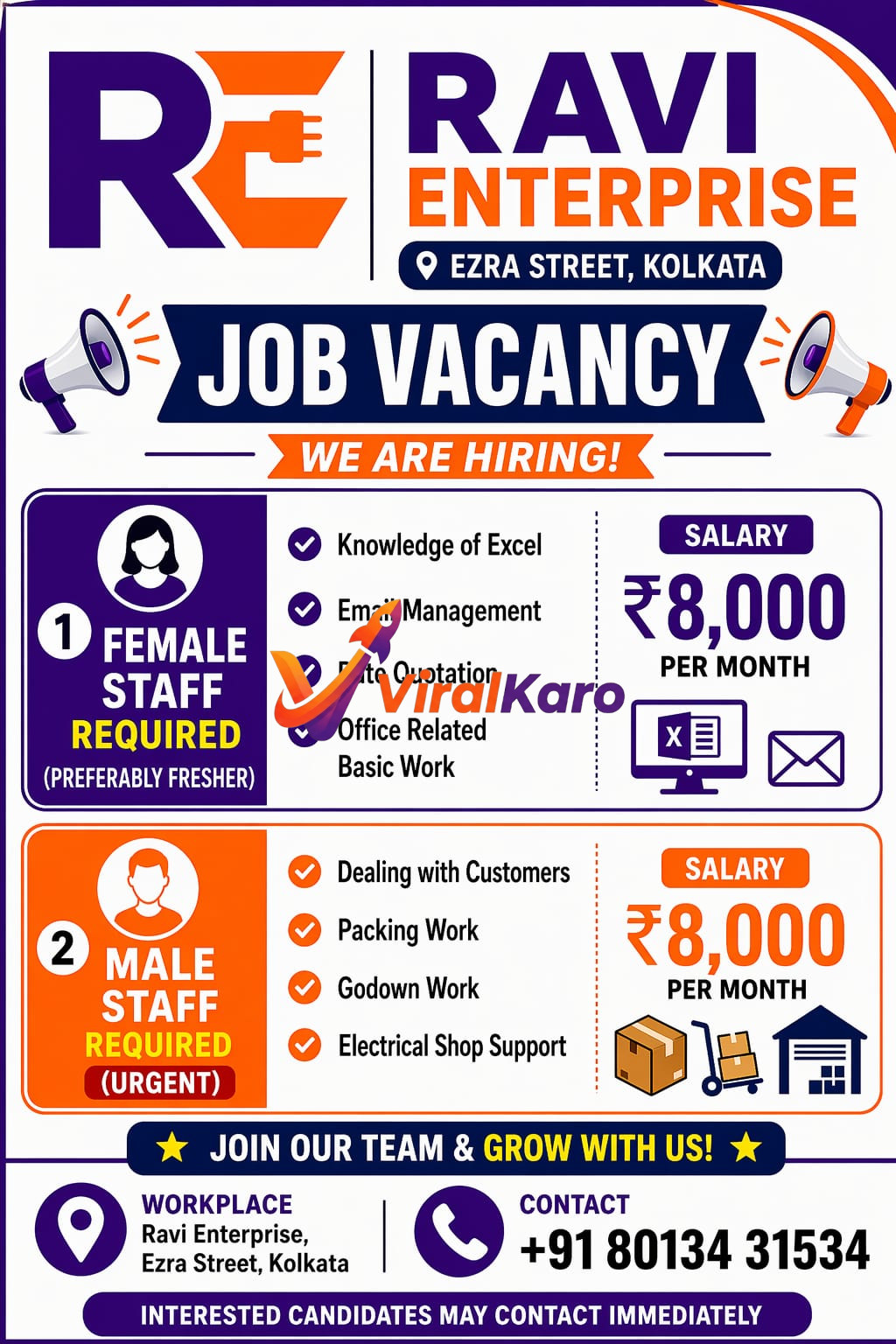 A vibrant job vacancy poster for Ravi Enterprise in Kolkata. It features megaphone icons, outlining job openings for female staff (preferably fresher) skilled in Excel, email management, and office work, and male staff (urgent requirement) for customer dealing, packing, godown, and electrical shop support. Both positions offer a salary of ₹8,000 per month. Contact details for Ravi Enterprise (Ezra Street, Kolkata) and a phone number (+91 80134 31534) are prominently displayed. The poster uses a blue, orange, and white color scheme.