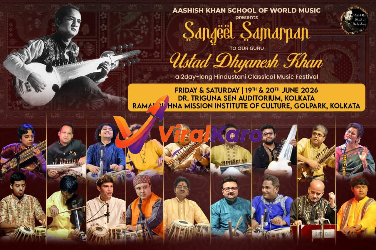 Event poster for Sangeet Samarpan music festival featuring artists and Ustad Dhyanesh Khan at Dr. Triguna Sen Auditorium, Kolkata.