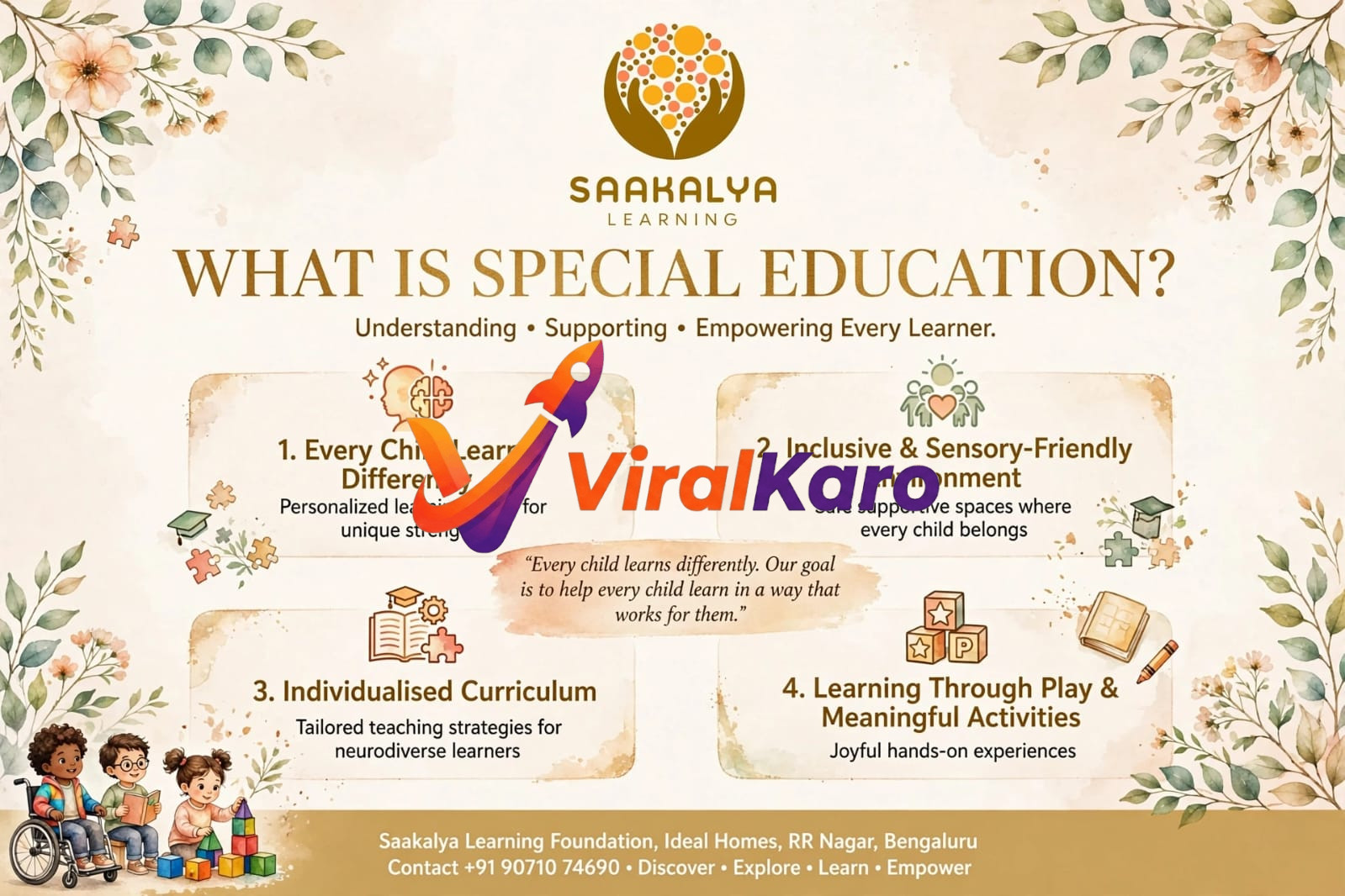 Saakalya Learning infographic explaining the four pillars of special education: personalized paths, inclusive spaces, individualized curriculum, and play-based learning.
