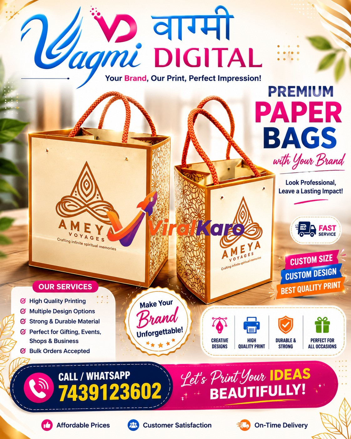 Professional advertisement for Vagmi Digital showcasing premium custom printed paper bags for businesses with contact information.
