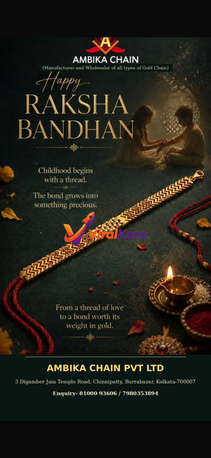 An elegant gold chain shaped like a rakhi thread on a dark textured background with a diya, representing a Raksha Bandhan advertisement for Ambika Chain in Kolkata.