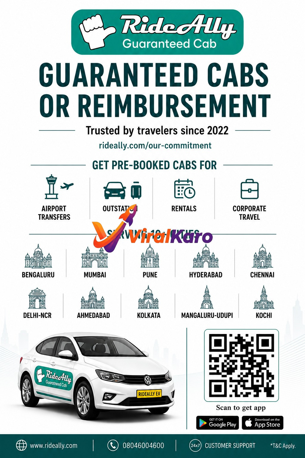 RideAlly promotional poster featuring a white Volkswagen cab and a list of services including airport transfers, outstation, rentals, and corporate travel, with a QR code to download the app.