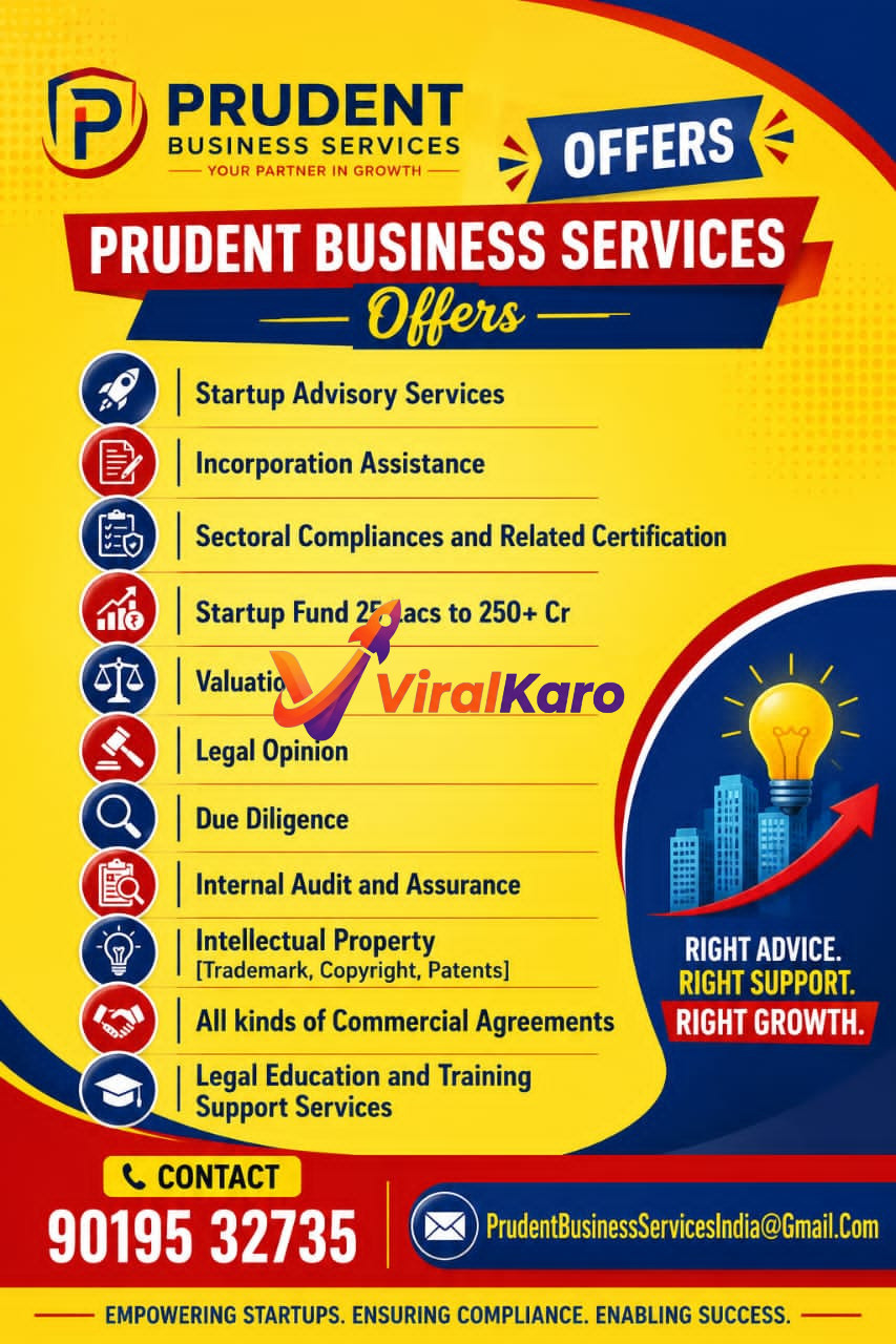 A graphic design poster for Prudent Business Services listing various business consulting services like startup advisory, legal opinion, and due diligence.