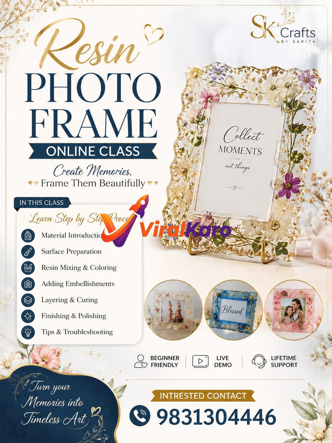 A beautiful resin photo frame with dried flowers inside, displayed during an online workshop advertisement by SK Crafts by Sarita.