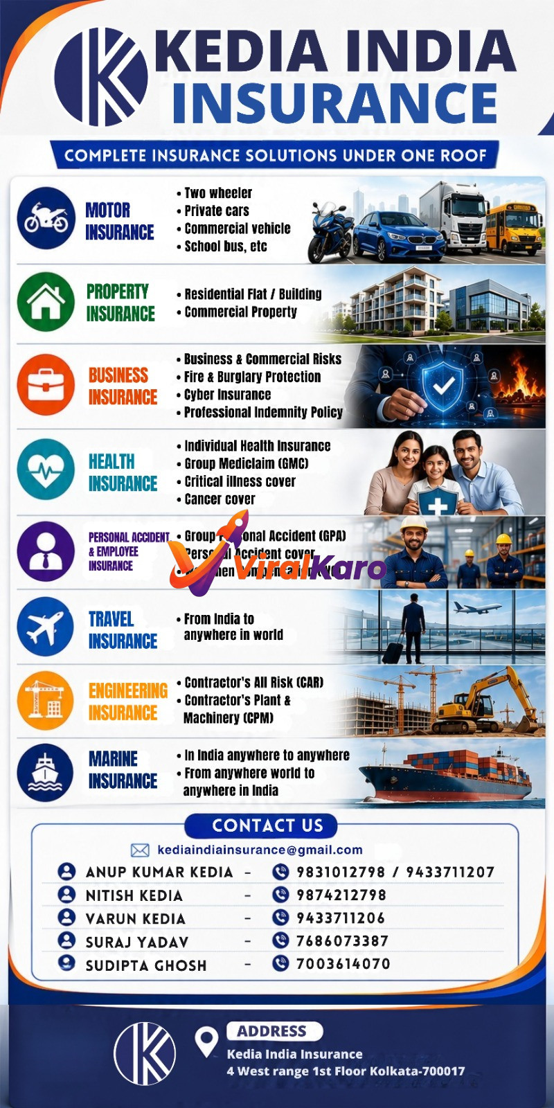 Kedia India Insurance services brochure listing various insurance types like motor, property, health, business, and contact details with Kolkata address.