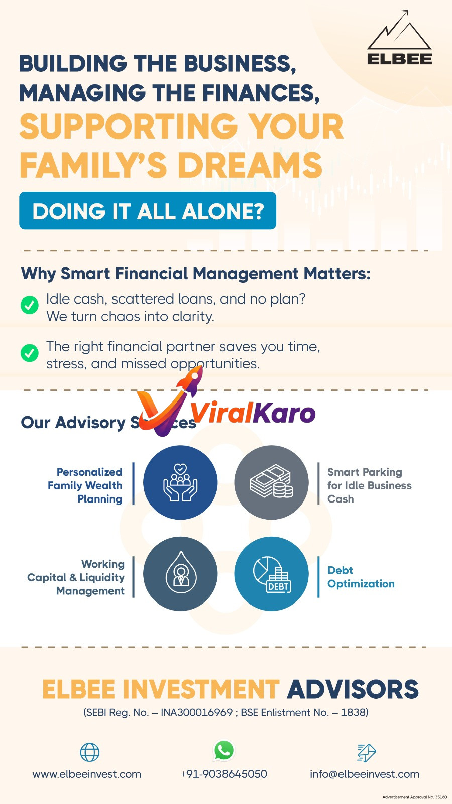 Elbee Investment Advisors infographic showing financial services including wealth planning, working capital management, debt optimization, and idle cash management for business owners.