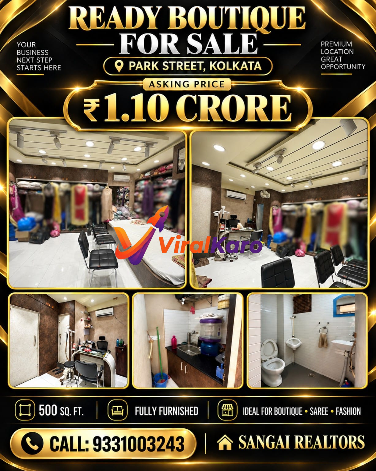 Interior views of a fully furnished 500 sq. ft. boutique retail space available for sale on Park Street, Kolkata, featuring clothing racks, display area, and a private restroom.