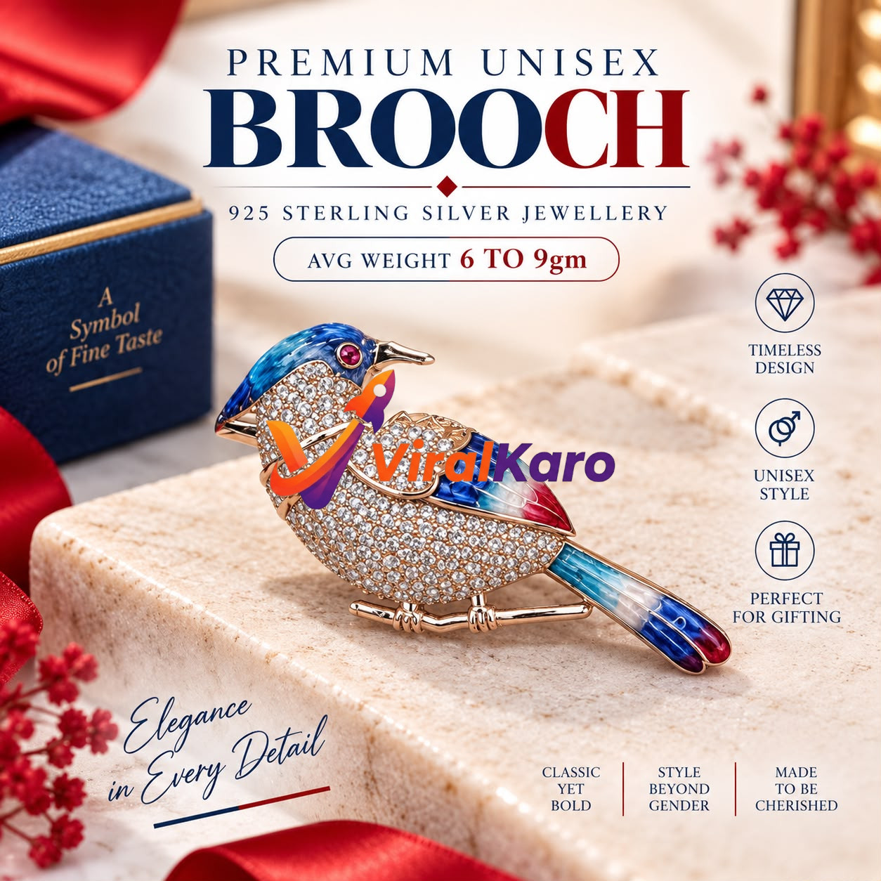 A close-up of a luxurious bird-shaped brooch made of 925 sterling silver with blue and red enamel details and sparkling stones, resting on a marble surface.