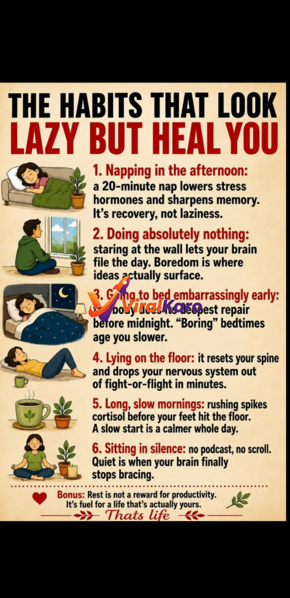 An infographic titled The Habits That Look Lazy But Heal You, listing six healthy habits like napping, sitting in silence, and slow mornings for better mental wellness.