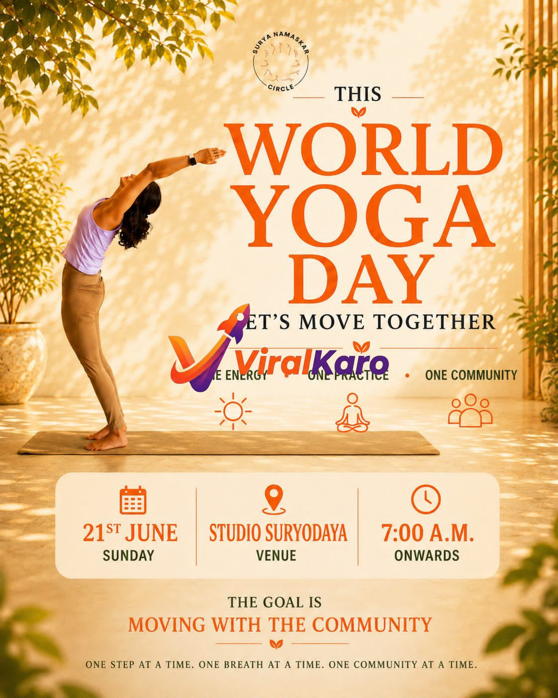 A person performing a yoga stretch on a mat with event details for World Yoga Day 2026 at Studio Suryodaya.