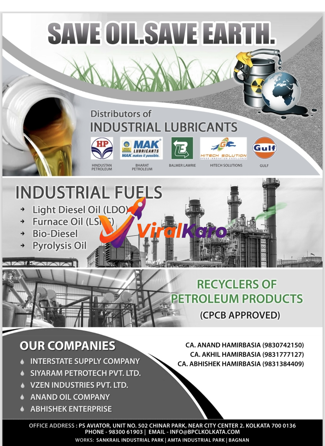 Advertisement for a Kolkata-based company specializing in industrial lubricants (HP, MAK, Balmer Lawrie, Hitech Solutions, Gulf), various industrial fuels (Light Diesel Oil, Furnace Oil, Bio-Diesel, Pyrolysis Oil), and CPCB-approved recycling of petroleum products. The image features oil being poured, industrial plants, and logos of major lubricant brands. Contact details for Kolkata are provided.