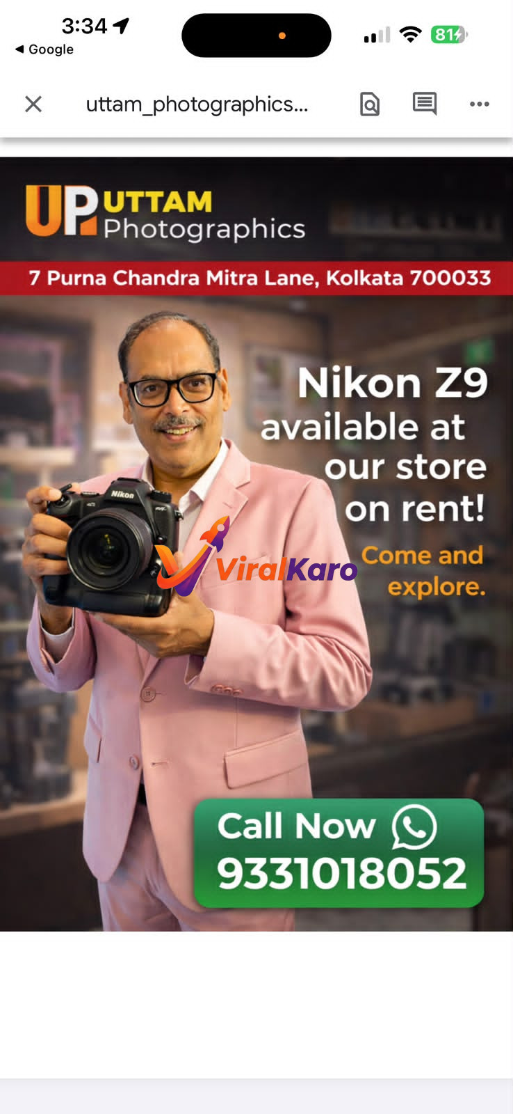 A smiling man in a pink suit and glasses holds a black Nikon Z9 professional mirrorless camera, showcasing it for rental. The background is a blurred indoor setting, likely a camera store. The image features the 'Uttam Photographics' logo, address '7 Purna Chandra Mitra Lane, Kolkata 700033', and a green call-to-action button with 'Call Now 9331018052'.