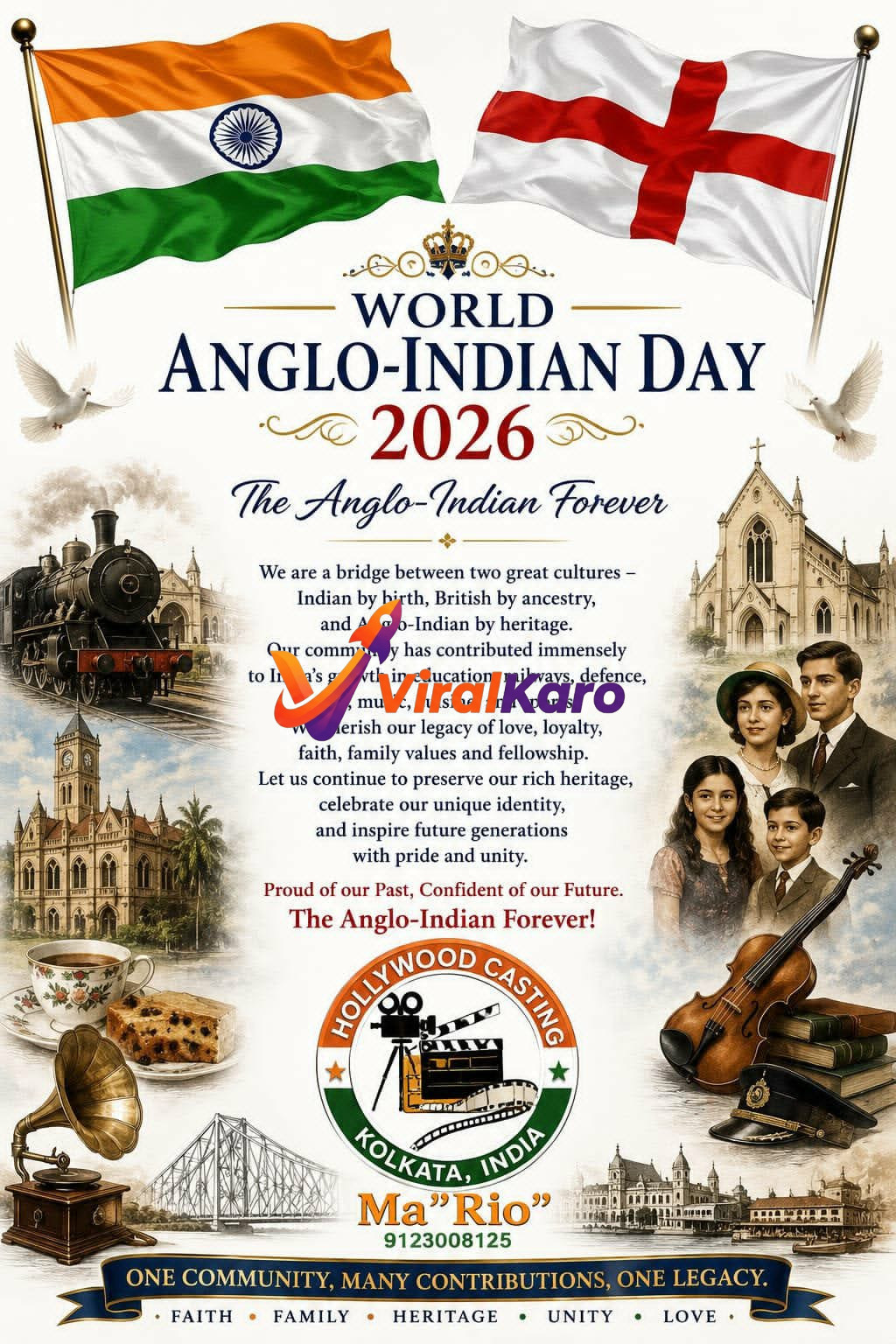 A decorative poster for World Anglo-Indian Day 2026 featuring the Indian and British flags, a vintage steam locomotive, colonial architecture, and musical instruments, celebrating the community's heritage in Kolkata.