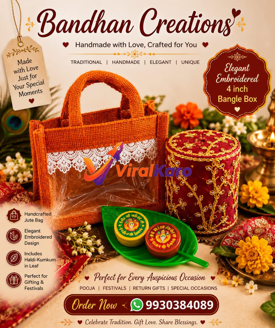 A handcrafted jute bag and a round embroidered red bangle box with a leaf-shaped haldi-kumkum container, presented in a festive and traditional Indian setting.