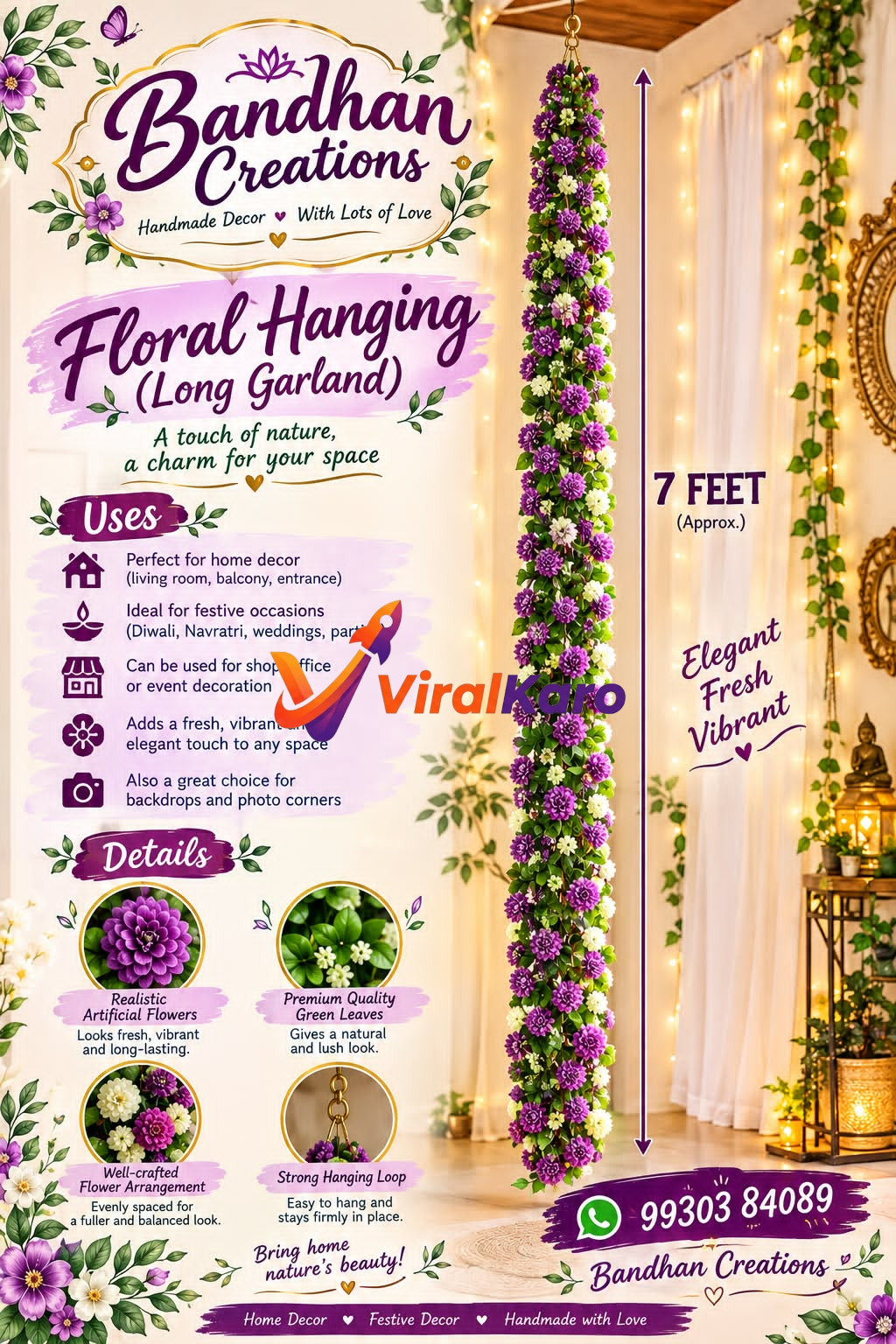 A 7-foot long decorative artificial floral garland with purple and white flowers hanging vertically in an elegant interior setting, featuring the Bandhan Creations brand name.