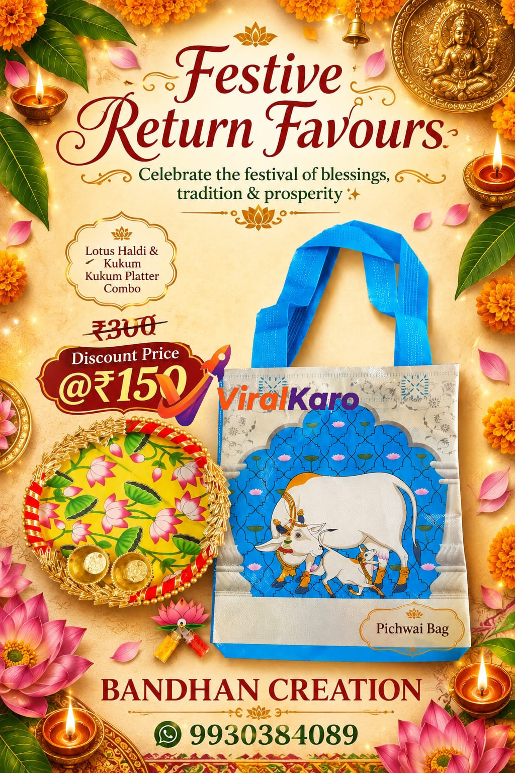 A festive promotional graphic for Bandhan Creation showcasing a decorative lotus-themed haldi and kukum platter and a Pichwai print gift bag, highlighting a discount price of ₹150.