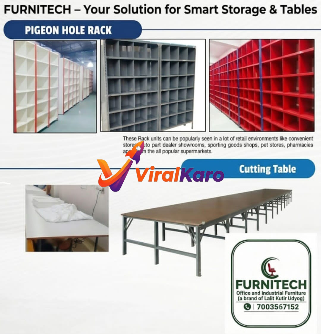 Furnitech product catalog displaying various industrial pigeon hole storage racks in white, grey, and red, along with a flat workspace cutting table for retail or warehouse use.
