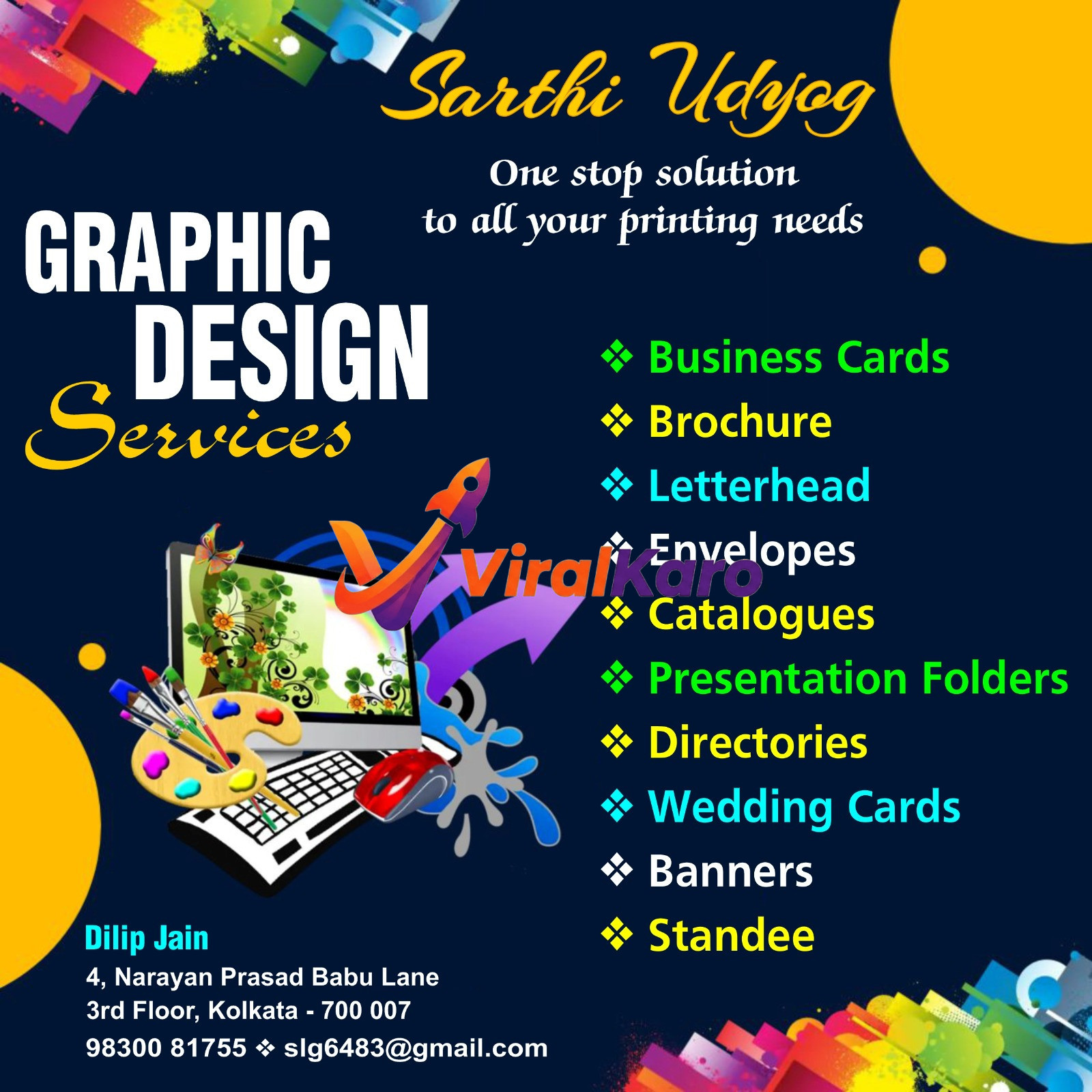 Sarthi Udyog graphic design and printing services poster featuring a computer, paint palette, and list of services including business cards, brochures, and banners.