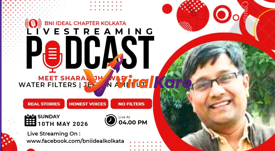 Promotional banner for BNI Ideal Chapter Kolkata's livestreaming podcast featuring Sharad Jhawar of Jeevan Amrrut. The banner shows a smiling man with glasses on the right, and text overlay indicating 'LIVESTREAMING PODCAST', 'MEET SHARAD JHAWAR', 'WATER FILTERS | JEEVAN AMRRUT', 'REAL STORIES | HONEST VOICES | NO FILTERS', and event details: 'SUNDAY 10TH MAY 2026 Live At 04.00 PM', with the Facebook streaming link. The background features red and white abstract shapes and dots.