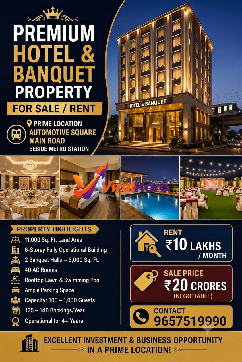 A modern 6-storey luxury hotel building with a metro train passing by, featuring images of a banquet hall, guest room, swimming pool, and lawn area.